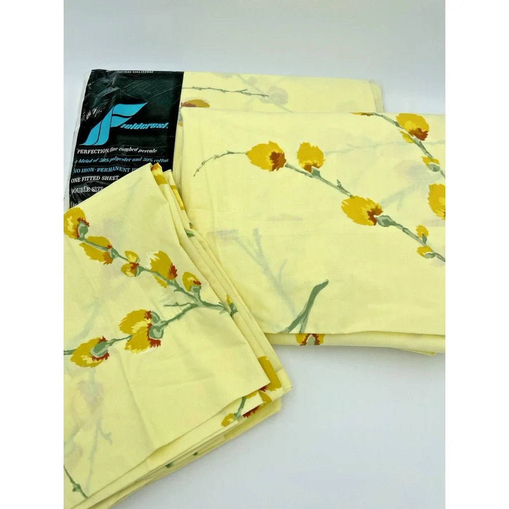 Fieldcrest Double Sheet Set Fitted Flat Pillow cases 1970s  Retro Floral Vintage
